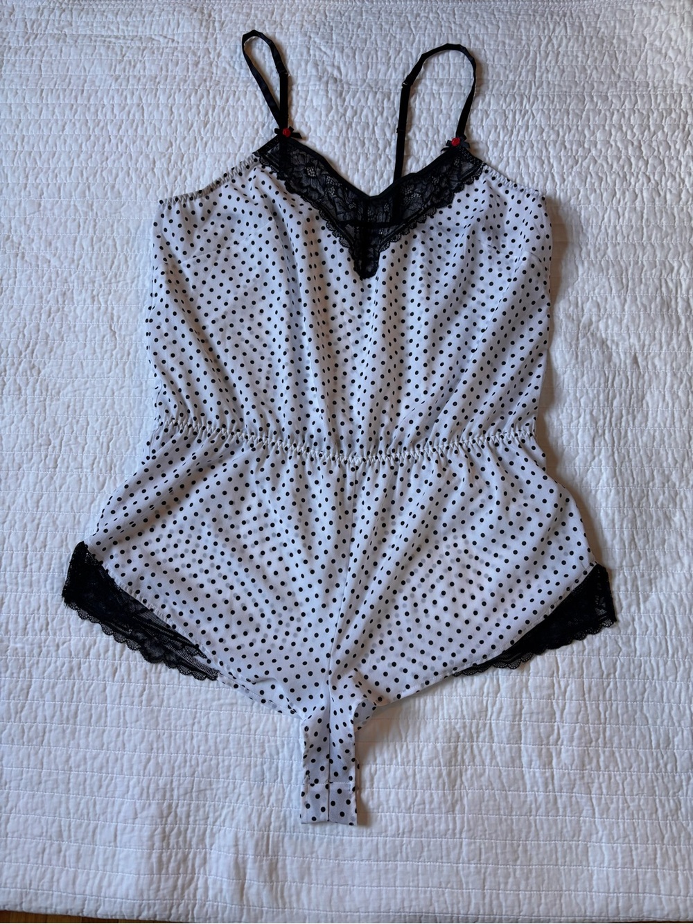 Cacique Black & White Polka Dot Lace Trim Romper